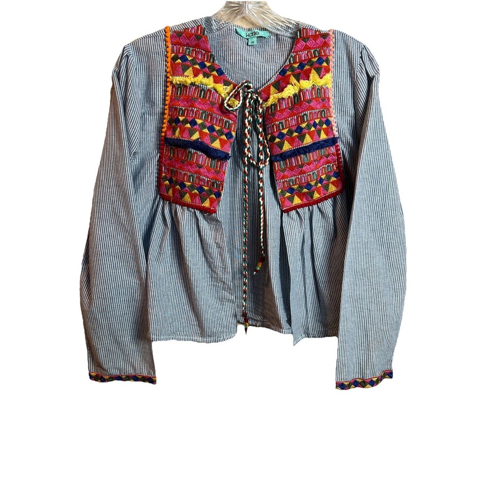Karlie Striped Blue Tie Top Multicolor Heavily Embroidered Boho Open Front Sz M